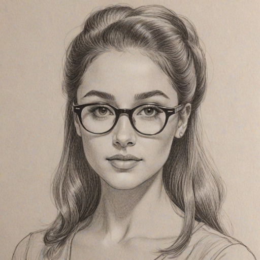 Stunning Ariana Greenblatt, pencil sketch, portrait of Captivating woman 1960s in glasses, hair style beatnik, outline, clear lines, fine lines, 8k