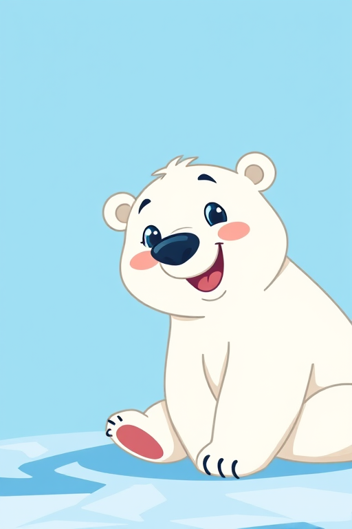 Generate a high-resolution image of a cartoon polar bear with a playful expression on a blue ice background, using a 50mm lens, f/4 aperture, 1/125 sec shutter speed, shot from a low angle for a dynamic effect, in vector graphic style for smooth lines and vibrant colors.