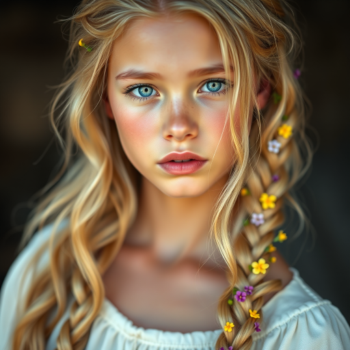 Create an image of a young Quechua woman with long, wavy blonde hair, adorned with small, colorful flowers woven into her braids and loose strands. Her complexion is fair, with soft, glowing skin, and she has light blue eyes that gaze softly at the viewer. She wears a light, flowing dress with a gentle, ethereal quality, complementing her delicate and serene appearance. The background is slightly blurred, drawing focus to her tranquil expression and the intricate details of the flowers in her hair. The overall mood of the image is one of natural beauty and grace, evoking a sense of peacefulness and connection with nature.