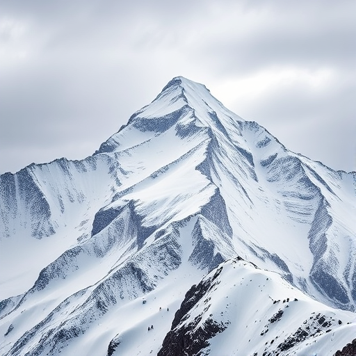 high-resolution image of a snow-covered mountain peak with climbers in the distance, shot with a Canon EOS R5, 24mm lens, aperture f/8, ISO 100, shutter speed 1/2000s, in landscape orientation with a slight tilt downwards to capture both the peak and the climbers, maintaining sharp focus and dynamic range in cloudy weather for enhanced contrast and detail.