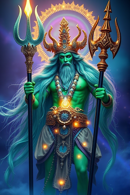 Create a vibrant image of a divine figure with green skin, long flowing hair, holding a trident, surrounded by glowing digital elements in a mystical atmosphere, shot with a Canon EOS R5, aperture f/2.8, shutter speed 1/100s, ISO 200, in a low-angle view to emphasize stature, with a soft focus background to enhance the subject's details.