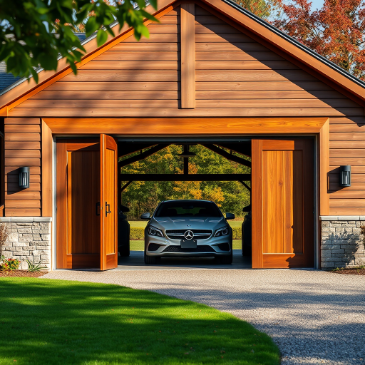 A contemporary garage with large wooden doors wide open, showcasing a glimpse of a car inside, surrounded by a well-manicured lawn and autumn trees in the background, captured with a DSLR camera at f/8 aperture, ISO 100, 24mm focal length, natural lighting, and 1/200s shutter speed for clarity and vibrant colors.