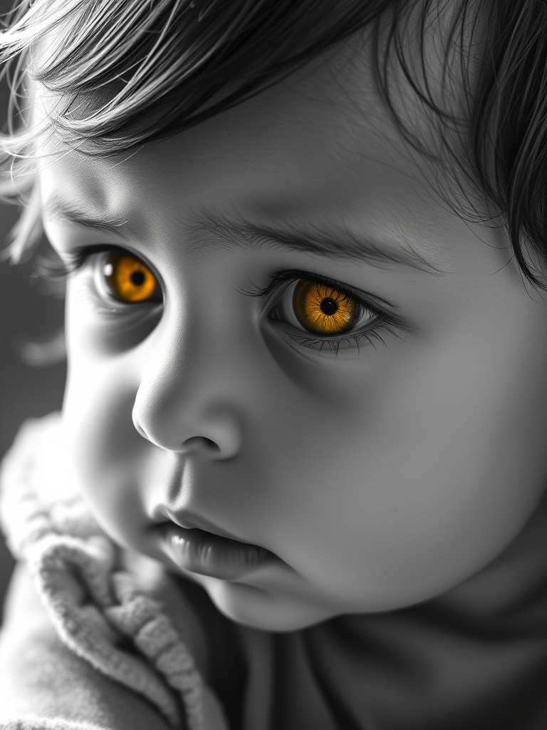 A hyperdetailed photorealistic black and white sketch of a beautiful toddler with deep Yellow eyes, with a macro focus