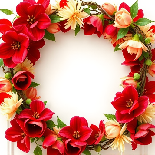Create a high-resolution floral scrapbook frame with a blank center for photos, incorporating rich red and cream flowers intertwined with green vines, using a soft focus lens at f/2.8 with a 50mm lens on a DSLR camera in natural light for enhanced texture and depth.