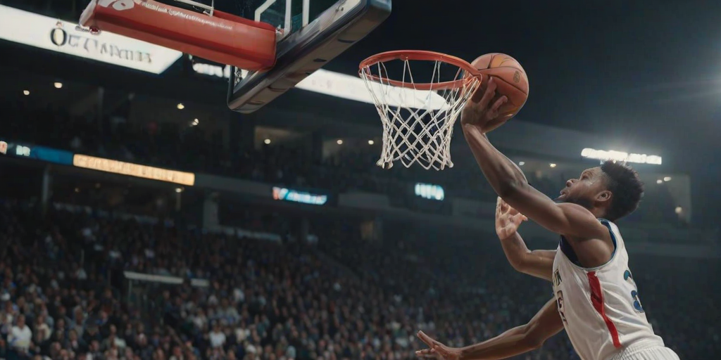 Blurry action shot of a basketball player going for a dunk, the ball suspended mid-air, harsh stadium lights casting long shadows, the crowd in the background cheering, and focus on the energy of the moment.