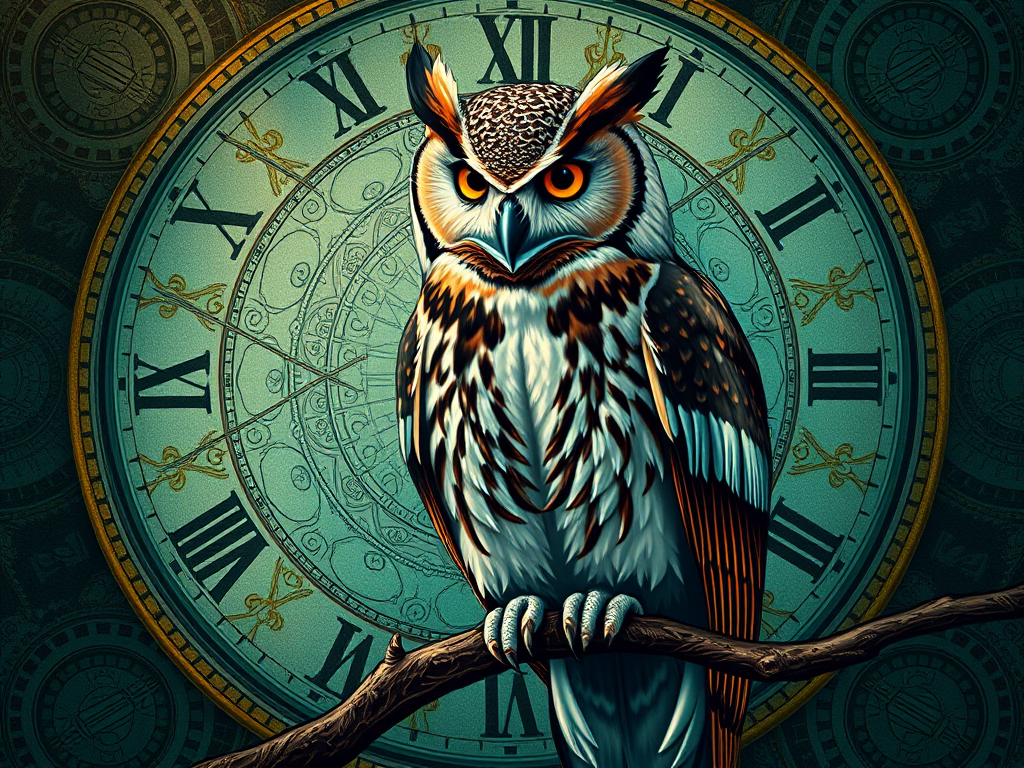 Create a highly detailed digital illustration of a majestic owl perched on a branch, set against an intricate background featuring abstract clock motifs and ethereal patterns, with a focus on vibrant teal and dark brown colors, using a Canon EOS R5 with a 50mm f/1.2 lens, aperture set to f/1.8, ISO 100, and a slight bokeh effect to enhance the mystical ambiance.