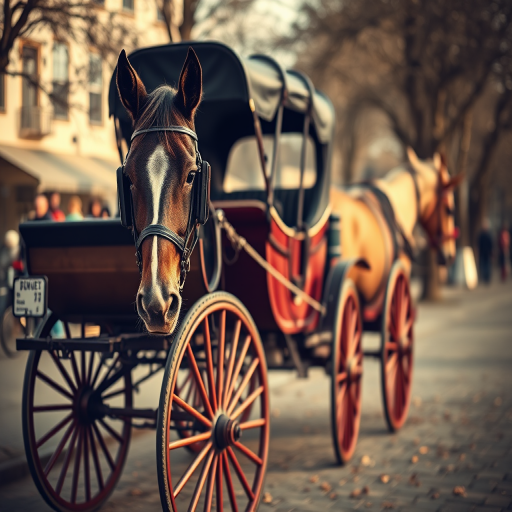 Regenerate a vintage-style image of a horse-drawn carriage, shot with a Canon EOS R5 at f/2.8, 1/125 sec, ISO 100, in soft natural light, focusing on fine details with a shallow depth of field, using a 50mm lens from a low angle for a dramatic perspective.