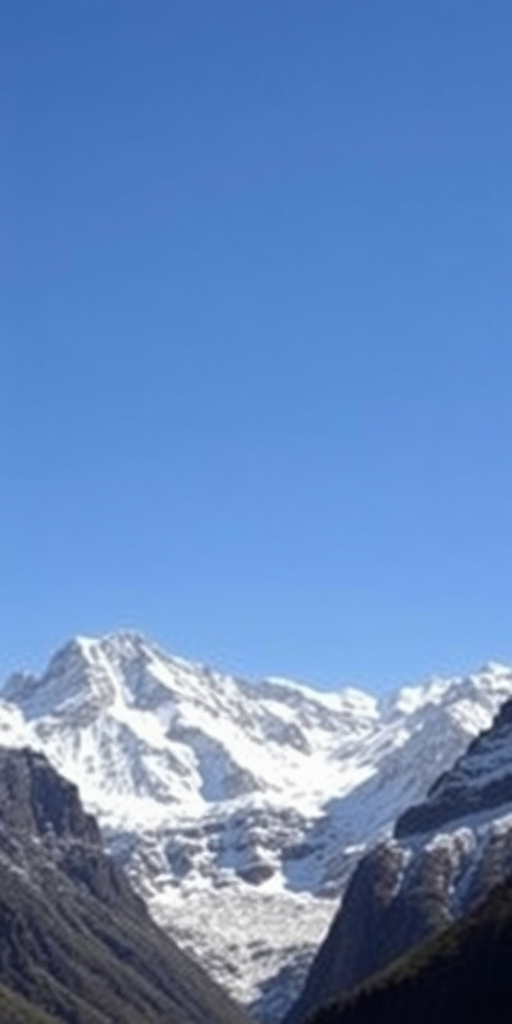 Capture a high-resolution image of towering snow-covered mountains under a clear blue sky, using a DSLR camera with a 24mm lens, aperture set to f/8, ISO 100, and a shutter speed of 1/200 sec, taken from a low angle to emphasize the peaks.