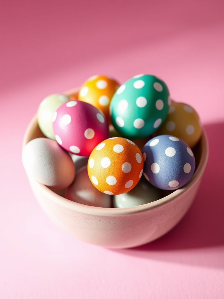 a bowl of colorful Easter eggs with polka dots arranged on a pastel pink background, soft natural lighting, shallow depth of field, 50mm lens, f/2.8 aperture, ISO 100, DSLR camera, vibrant colors and high contrast