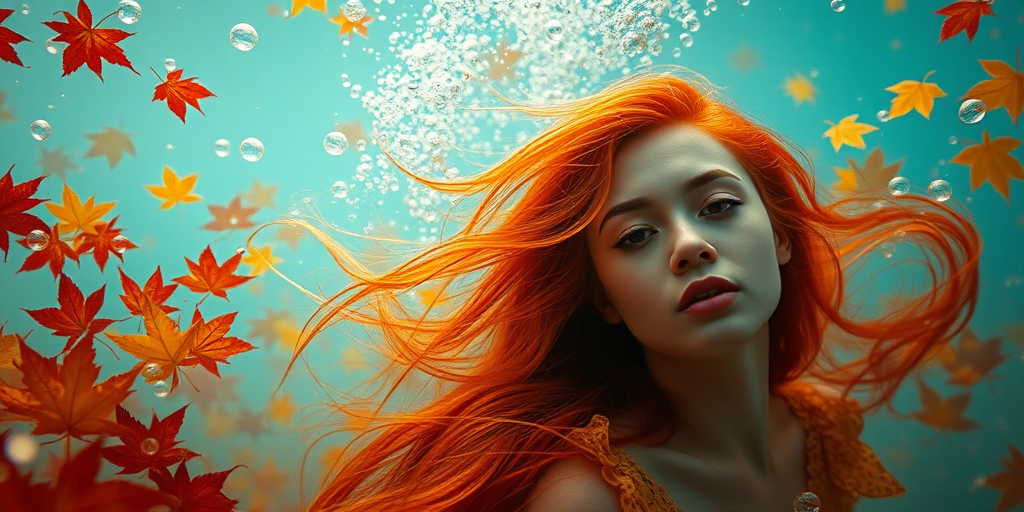 Create a vibrant underwater scene of a woman with flowing red hair surrounded by colorful autumn leaves and bubbles, shot with a Canon EOS R5, 50mm f/1.2 lens, aperture f/2.8, ISO 100, in a high-resolution portrait style, soft lighting for a dreamy effect.