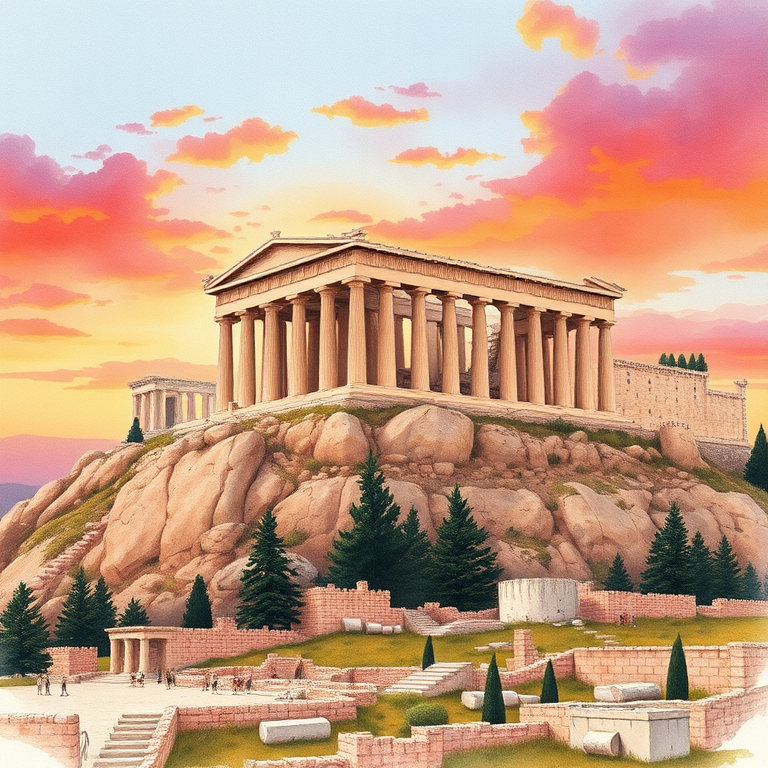 Create a detailed illustration of the Acropolis at sunset, capturing the Parthenon atop the rocky hill with a vibrant sky in shades of orange and pink, include foreground with ancient ruins and pine trees, using a wide-angle lens at f/11 for depth of field, with a warm color palette, in a watercolor and ink style, using a DSLR camera for high resolution.