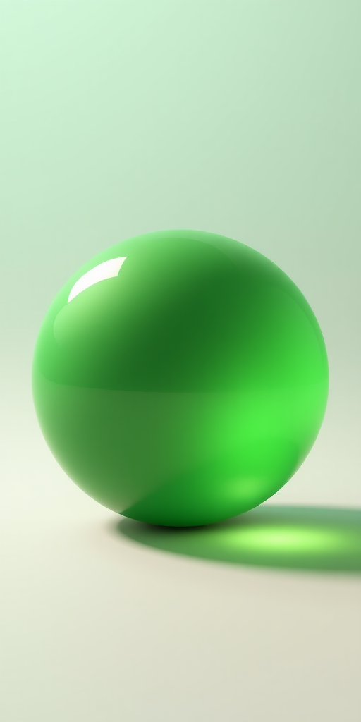 Create a realistic 3D render of a glossy green sphere with a soft highlight, set against a gradient background, using a DSLR camera with a 50mm lens, f/1.8 aperture, ISO 100, and a shallow depth of field to enhance focus on the sphere while softly blurring the background.