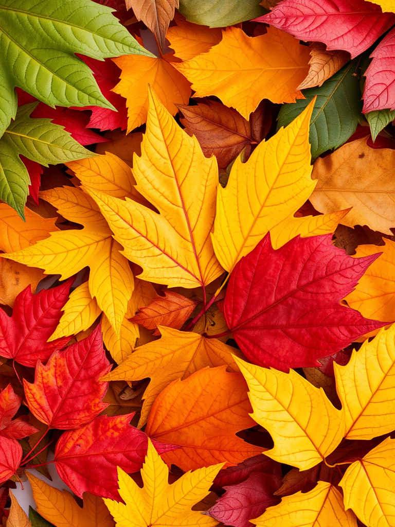Capture a close-up flat lay of a variety of autumn leaves in vibrant colors including green, yellow, orange, and red, ensure a depth of field that keeps all leaves in sharp focus, use a macro lens at f/8, ISO 200, shutter speed 1/60s, natural daylight to enhance texture and detail, taken with a DSLR camera.