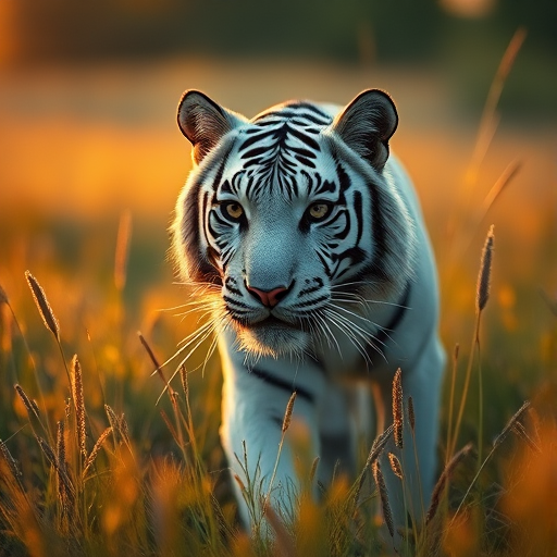 White tiger in a lush golden grassfield during sunset, macro lens, aperture f/2.8, ISO 100, 85mm, shallow depth of field, DSLR style photography.