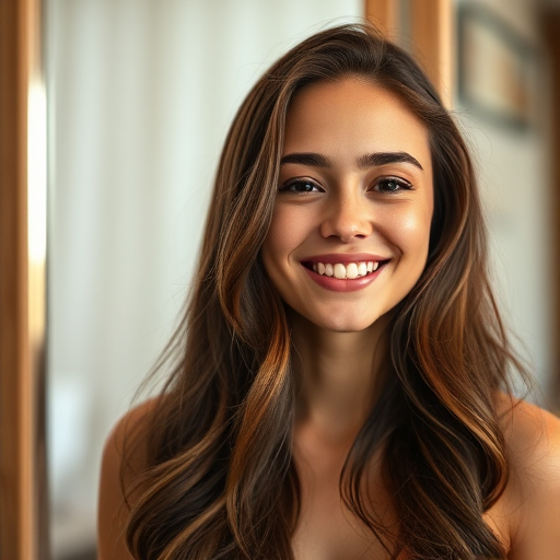 A young woman with long, wavy hair smiling in front of a mirror, soft focus on the background, natural light, f/2.8, 50mm lens, shot at 1/125 sec, DSLR camera, shallow depth of field to enhance subject isolation.
