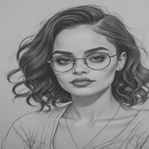 Fascinating Kehlani, pencil sketch, portrait of Bewitching woman 1931s in glasses, hair style beatnik, outline, clear lines, fine lines, 8k