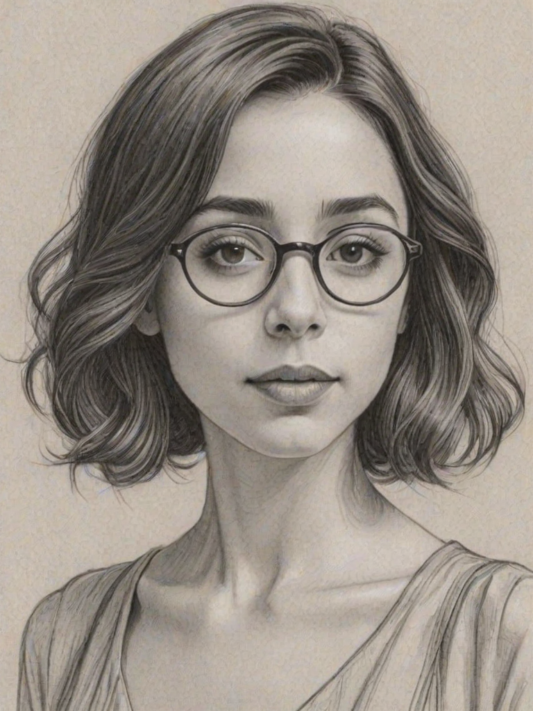 Attractive Cristin Milioti, pencil sketch, portrait of Ravishing woman 1932s in glasses, hair style beatnik, outline, clear lines, fine lines, 8k