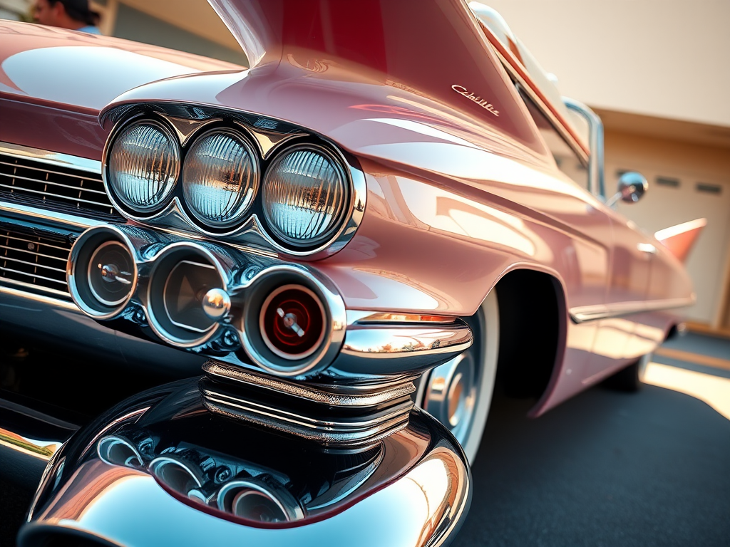 Regenerate a classic 1959 Cadillac convertible in a bright, reflective finish, shot from a low-angle perspective with a wide-angle lens, using a DSLR camera at f/8, ISO 100, and a shutter speed of 1/500s for enhanced detail and clarity.