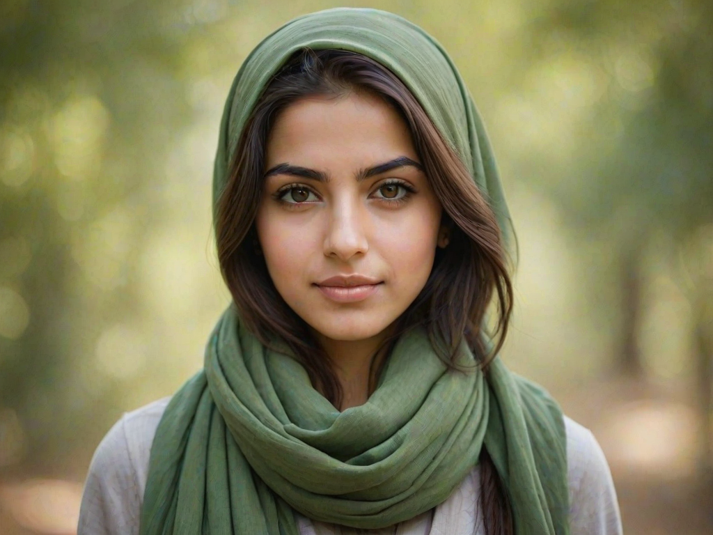 Create a portrait of a young Middle Eastern woman with long, dark hair and captivating hazel eyes. She is wearing a green headscarf and a matching scarf draped gracefully around her neck. The background is softly blurred, focusing attention on her serene and natural expression. The overall color palette is muted and warm, enhancing the intimate and authentic feel of the portrait.