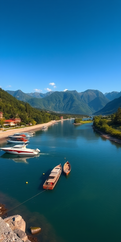 capture a serene landscape of a river with boats docked on the shore surrounded by lush greenery and mountains under a clear blue sky, using a DSLR camera, aperture f/8, ISO 100, shutter speed 1/200 sec, wide-angle lens, daylight settings