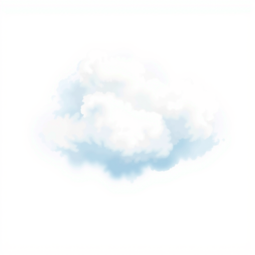 Create a fluffy white cloud illustration with a soft blue outline, use a DSLR camera with a 50mm lens, aperture set to f/8, ISO 100, natural light, and a slight vignette effect for enhanced depth.