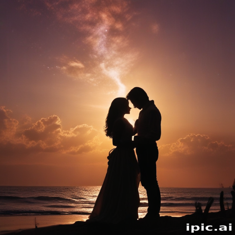 A Romantic Sunset Silhouette of a Couple Embracing by the Ocean