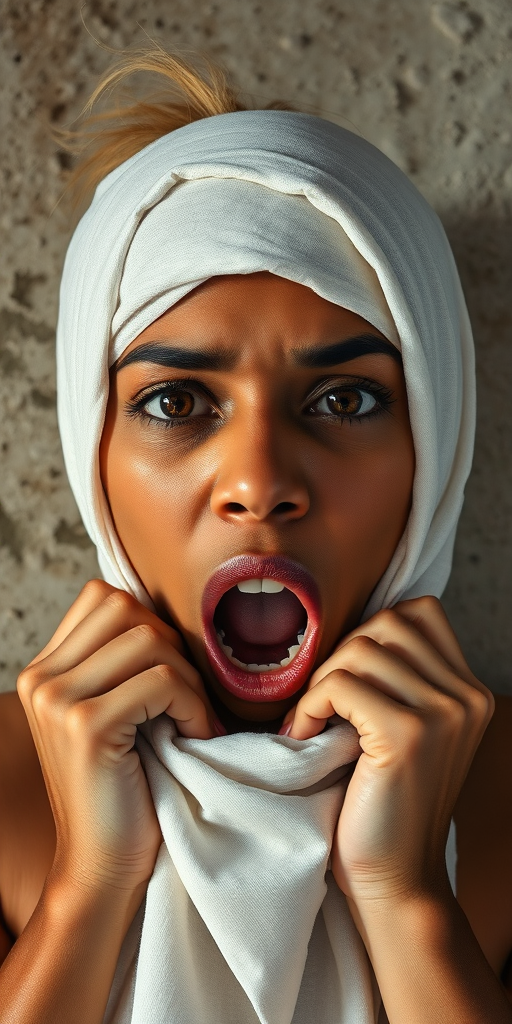 Create a close-up photographic image of a Indo-Caribbean woman with light skin tones shown against an old, worn wall. Their head is wrapped in a white cloth covering (i.e.... parts of the head except the nose and mouth, which are open as if they are screaming...), with a slight texture and visible folds in the fabric. Thin strands of blonde hair escape from the wrapping above, falling lightly at the top and sides. Their hands hold the fabric as if they are tugging nervously. The lighting is dramatic and even, casting strong shadows. The image has a minimalist and surreal style with an emphasis on simplicity with soft color tones. The composition is centered.