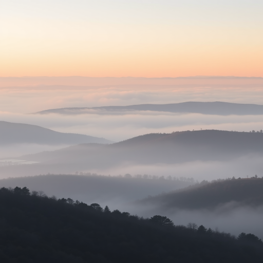 Capture a misty landscape with rolling hills and dense fog using a DSLR camera at f/8, 1/200s, ISO 100 with a wide-angle lens, shot from a high vantage point to emphasize depth and layers in the scenery.