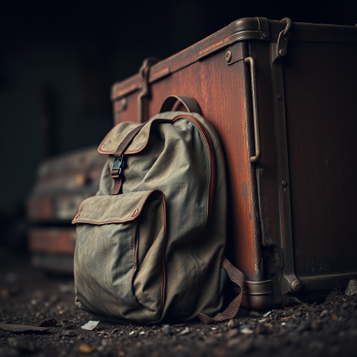 regenerate an image of a weathered backpack leaning against an old, rusty trunk with a dark, moody background, soft lighting to highlight textures, using a DSLR camera, 50mm lens, f/1.8 aperture, ISO 100, 1/60 second shutter speed, low angle view, shallow depth of field