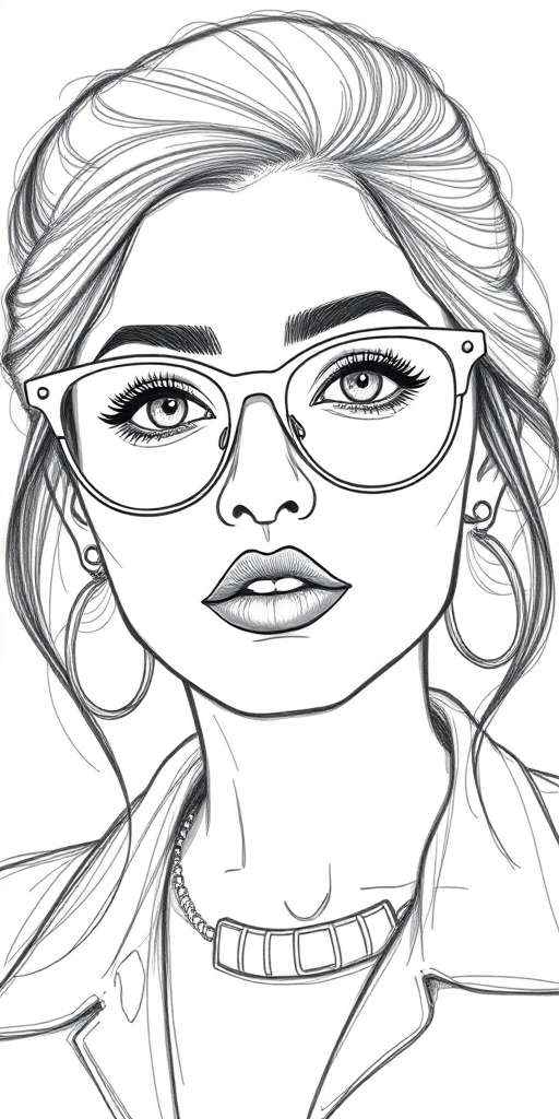 hot mia khalifa, pencil sketch, portrait of beautiful woman 60s in glasses, hair style beatnik, outline, clear lines, fine lines, 8k