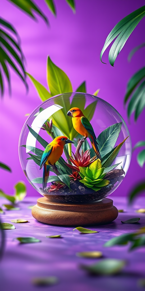 Create a vibrant scene of a magical glass orb containing exotic birds and lush tropical plants, with a dreamy purple background, captured with a Canon EOS R5, 50mm lens, f/1.8 aperture, ISO 100, and a low-angle perspective to enhance depth and color saturation.