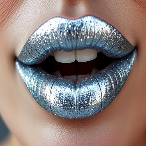 Glittery silver lips with a futuristic, space-age vibe, perfect for avant-garde fashion shoots or editorial makeup looks