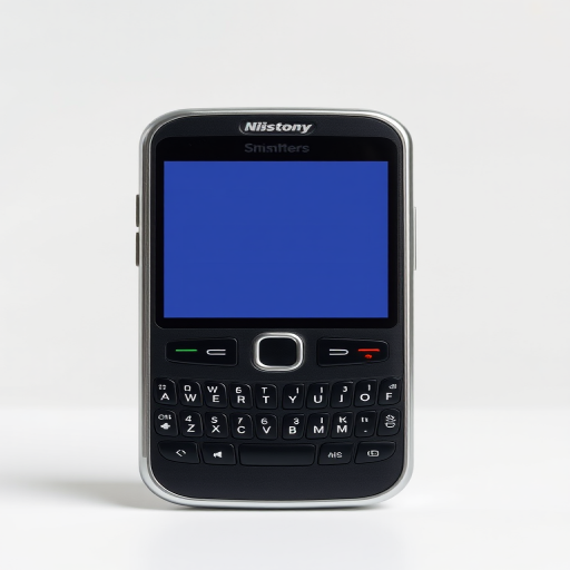Create a high-resolution image of a classic smartphone with a blank screen and a physical QWERTY keyboard, using a 50mm lens, f/2.8 aperture, ISO 100, and a professional DSLR camera from a front view in a well-lit studio setting.