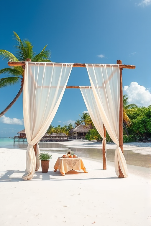 Create a picturesque tropical beach scene featuring a serene, white sandy shore. In the foreground, there's a rustic wooden canopy with white drapes gently flowing in the breeze. Underneath the canopy, a table is set with tropical decor, evoking a sense of relaxation and leisure. The beach extends into a calm, shallow water area with reflections of the sky and surroundings. Palm trees and lush greenery line the edge of the beach, providing a natural, tropical backdrop. The sky is clear with a few scattered clouds, and the overall atmosphere is tranquil and inviting, perfect for a peaceful retreat.
