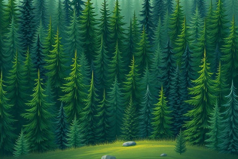 Create an illustration of a forest with a variety of evergreen trees, using a DSLR camera style with a focal length of 50mm, aperture set to f/2.8, ISO 100, and a slightly elevated view to enhance depth and texture.
