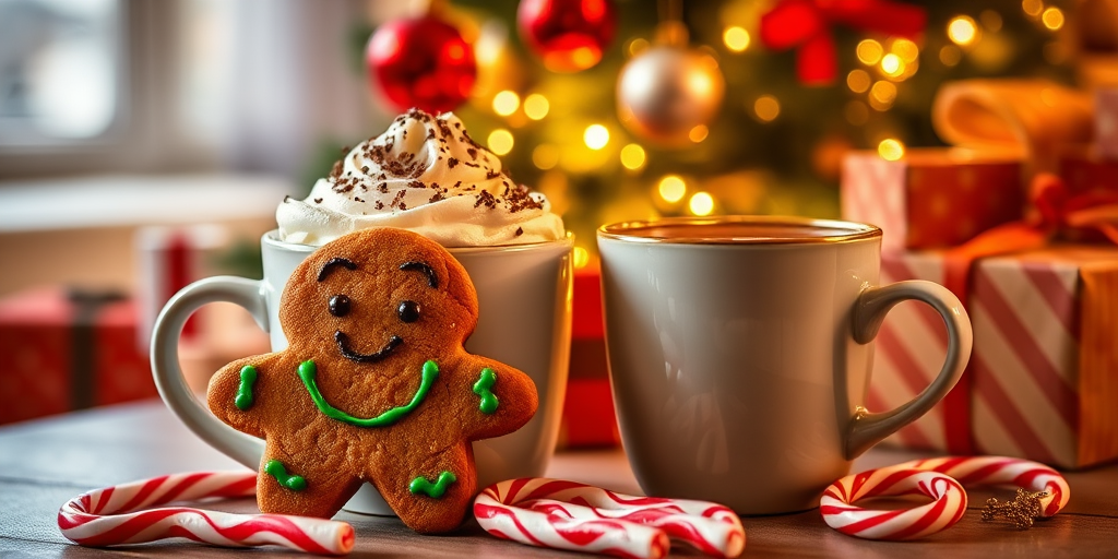 Create a cozy holiday scene featuring a gingerbread cookie with a smiling face and green icing details, placed next to a cup of hot cocoa topped with whipped cream and chocolate shavings. The background should have a softly lit Christmas tree adorned with ornaments and wrapped gifts, creating a warm, festive atmosphere. Include candy canes nearby for added holiday cheer.