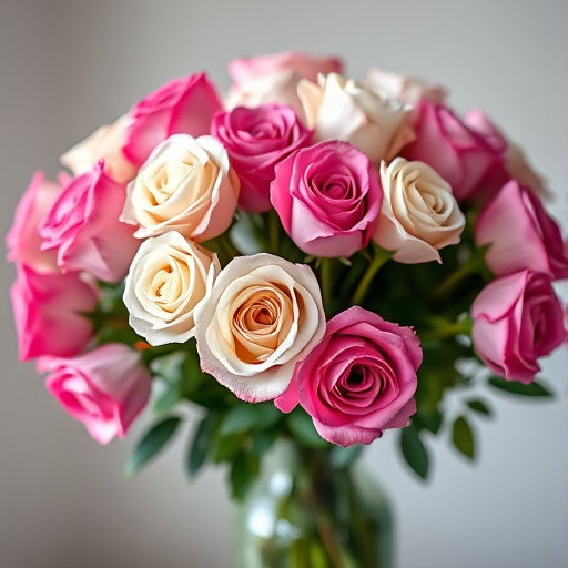 A vibrant bouquet of pink, white, and purple roses in a glass vase, captured with a DSLR camera at f/2.8 aperture, 50mm lens, ISO 100, soft natural lighting, shallow depth of field, in a studio setting for enhanced color and detail.