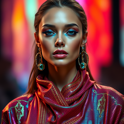 Runway capture, a beautiful model, vibrant colors, metallic textures, high fashion editorial , a 100mm macro lens to get extreme close-ups of intricate details like fabric stitching, accessories, or makeup artistry