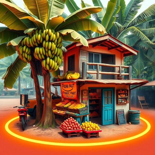 A vibrant tropical fruit market with a small, two-story building. A large banana tree stands nearby, with the fruit displayed on the balcony. The ground is surrounded by a glowing orange and yellow ring