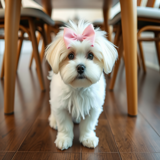 A small fluffy white dog with a pink bow on its head standing on a wooden floor under a table surrounded by chair legs. The dog has a curious expression and is looking directly at the viewer.