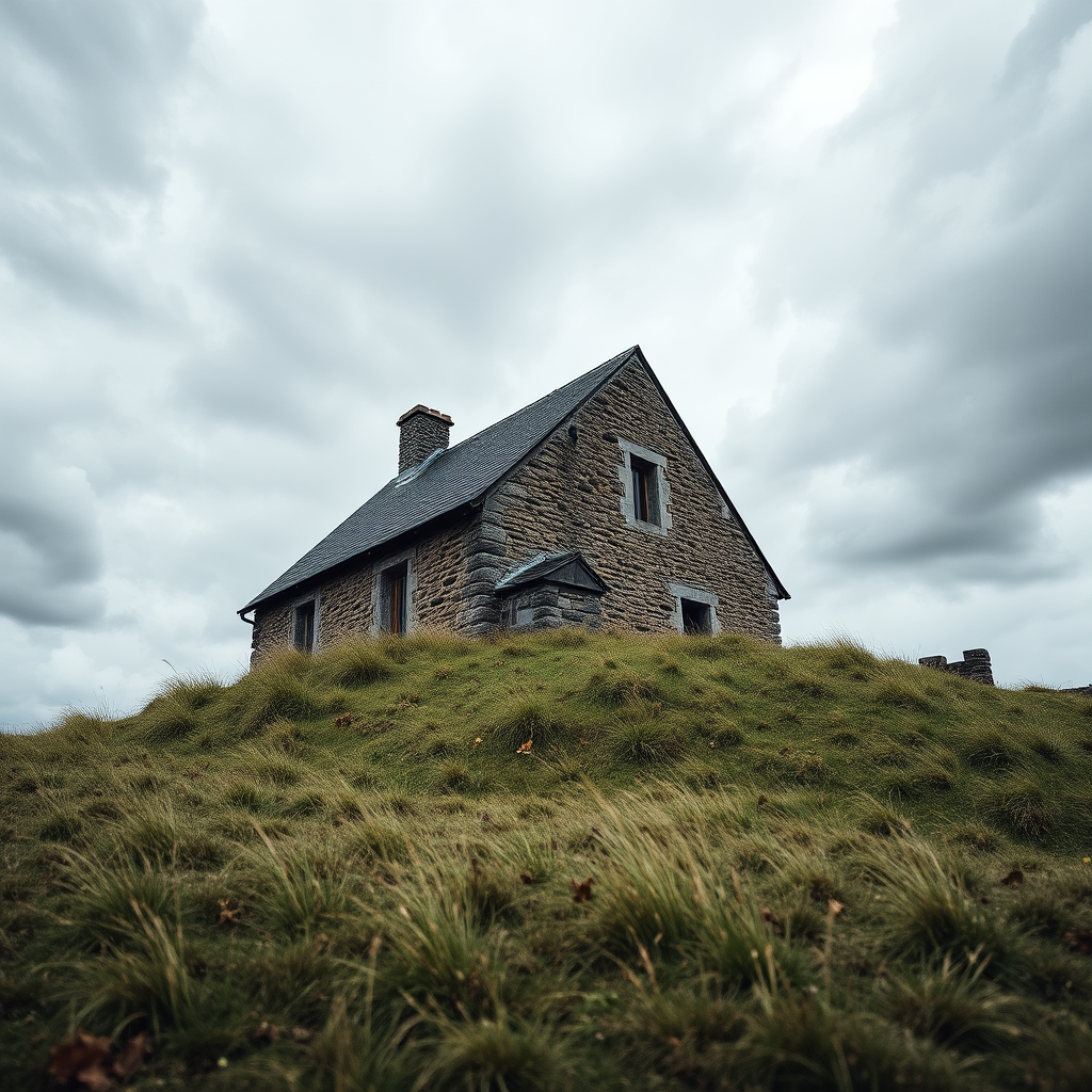 regenerate an image of an old stone house with a sloped roof situated on a grassy hill, cloudy sky in the background, using a DSLR camera, settings of f/8 aperture, ISO 200, shutter speed 1/125 sec, shot from a low angle for dramatic effect, in natural light.