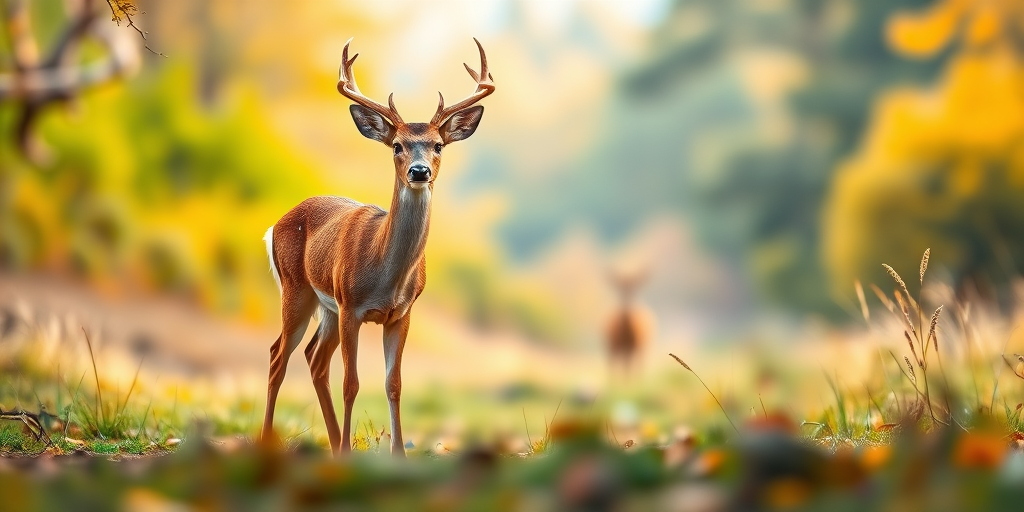 Create a high-quality illustration of a deer standing in a natural environment with vibrant colors, soft focus background, shot from a low angle using a DSLR camera at f/8 aperture, ISO 200, 50mm lens for sharp detail and depth of field.
