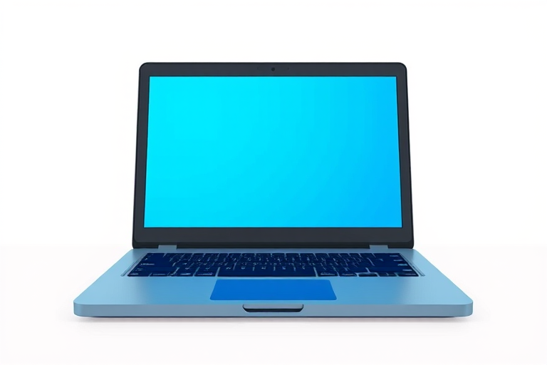 Create a high-resolution illustration of an open laptop with a vibrant blue screen, using a soft focus camera style, shot with a 50mm lens, aperture set to f/2.8, ISO 100, and captured from a slightly elevated angle for depth.