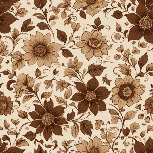 Create a seamless floral pattern featuring large brown and beige flowers with intricate designs, accompanied by smaller flowers and gentle vines on a light beige background.