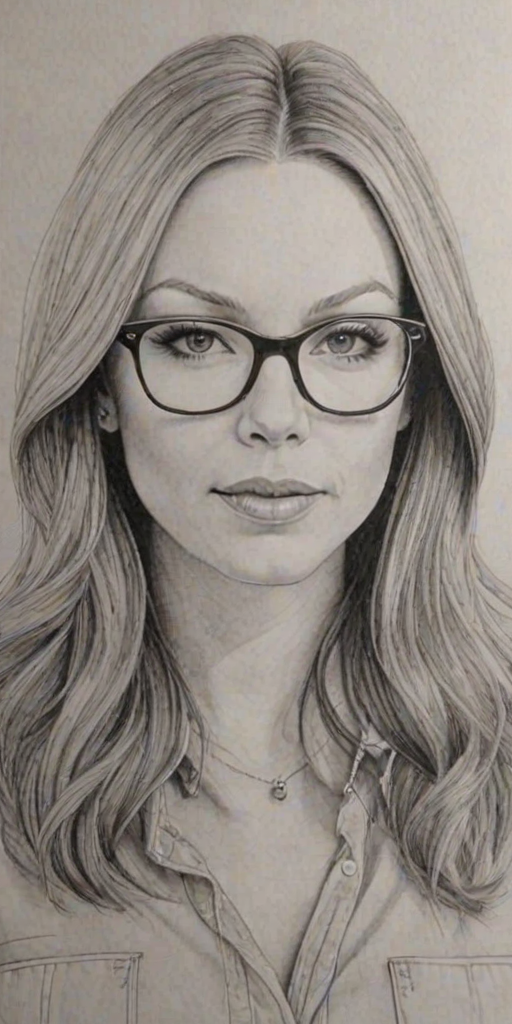 Delightful Laura Prepon, pencil sketch, portrait of Superb woman 1969s in glasses, hair style beatnik, outline, clear lines, fine lines, 8k