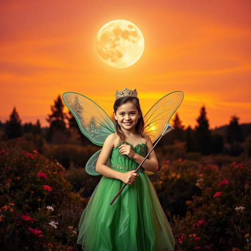 A vivid photo  taken under a bright camera flash of a fantastical scene set against a backdrop of a forest during sunset. The main subject is a girl dressed as a fairy, adorned with translucent wings and a green dress, holding a wand, her face is happy, and she wears a crown on her head. The forest behind her is a blend of flowers, shrubs and trees. The sky is painted in hues of orange and pink, with a large, glowing moon casting a warm glow over the scene. The overall color palette is dominated by earthy tones.