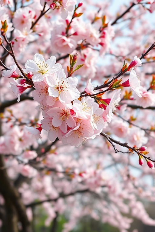 Generate a high-resolution image of a cherry blossom tree in full bloom, using a DSLR camera with a 50mm lens, aperture set to f/2.8, ISO 100, and a focus on vibrant colors and detailed textures, capturing the tree in a natural outdoor setting with soft lighting.