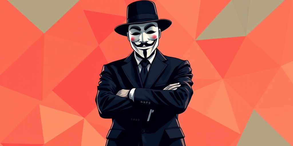 Create a high-resolution digital illustration of a figure wearing a Guy Fawkes mask and a fedora, standing confidently with arms crossed, using a DSLR camera with a 50mm lens, f/1.8 aperture, ISO 100, 1/125s shutter speed, in portrait orientation with a vibrant geometric background and sharp contrast to enhance detail and color richness.