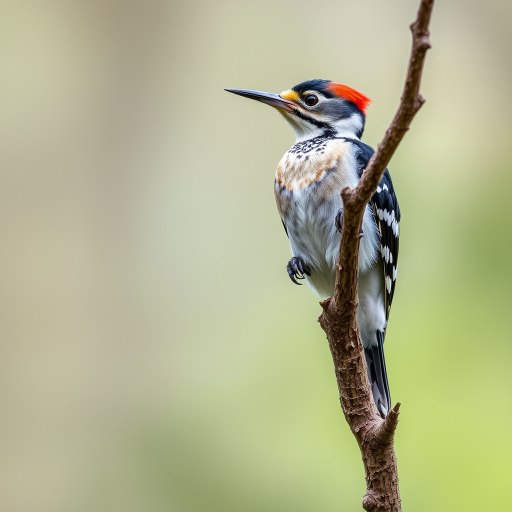 Capture a sharp image of a woodpecker perched on a branch with a blurred background, using a DSLR camera with a 200mm lens, aperture set to f/4 for shallow depth of field, ISO 200 for low noise, and a shutter speed of 1/500 seconds to freeze motion.