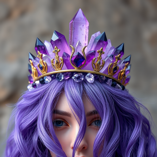 Mystical amethyst crystals form a regal crown atop cascading violet locks, infused with shimmering quartz dust for a truly magical and healing aura